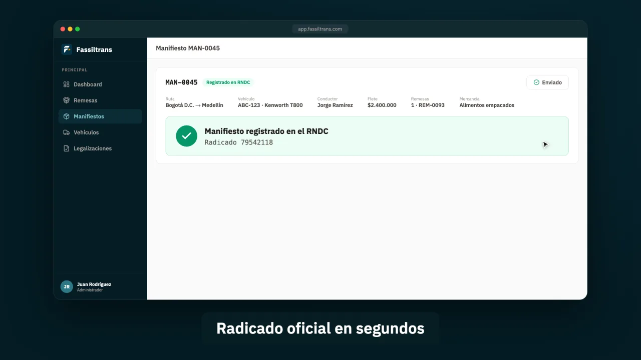 Vista de Fassiltrans utilizada en la demostración de remesas y manifiestos